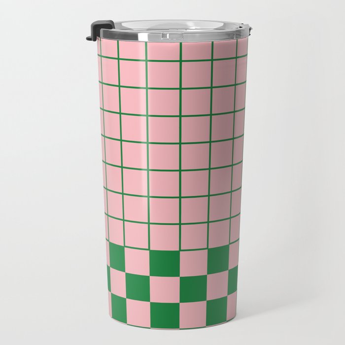Grid Check Pink and Green Checkered Pattern Travel Mug Gallery Image 3