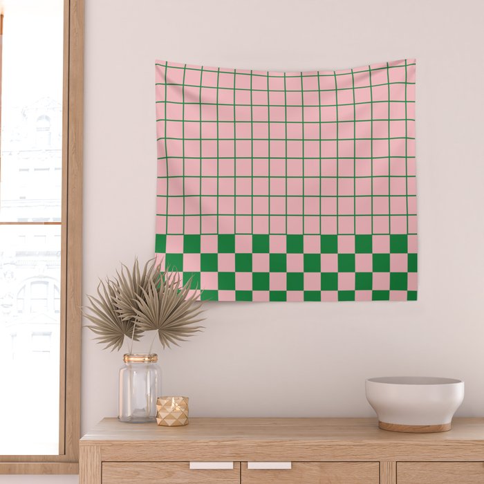 Grid Check Pink and Green Checkered Pattern Wall Tapestry Gallery Image 2