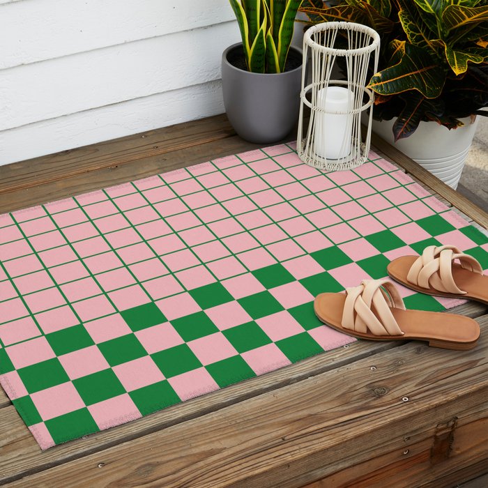 Grid Check Pink and Green Checkered Pattern Outdoor Rug Gallery Image 2