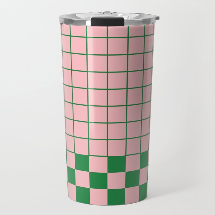 Grid Check Pink and Green Checkered Pattern Travel Mug Gallery Image 1