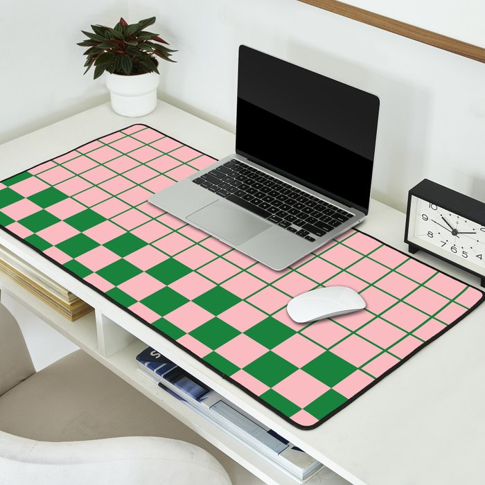 Grid Check Pink and Green Checkered Pattern Desk Mat Gallery Image 2