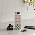 Grid Check Pink and Green Checkered Pattern Water Bottle Gallery Image 4