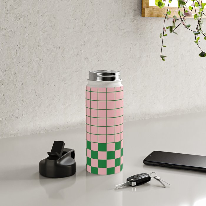 Grid Check Pink and Green Checkered Pattern Water Bottle Gallery Image 4