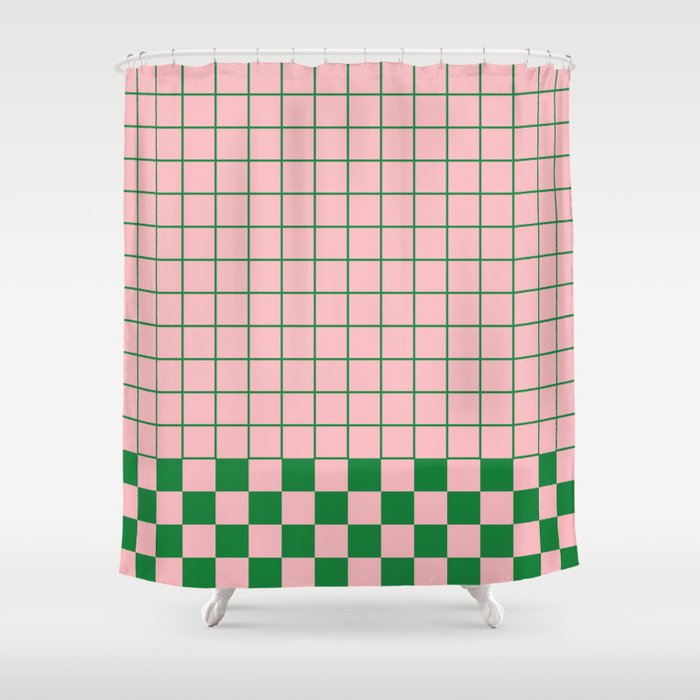 Grid Check Pink and Green Checkered Pattern Shower Curtain Gallery Image 1