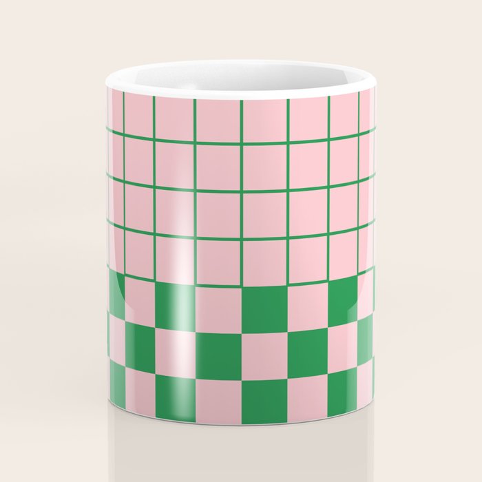 Grid Check Pink and Green Checkered Pattern Coffee Mug Gallery Image 4