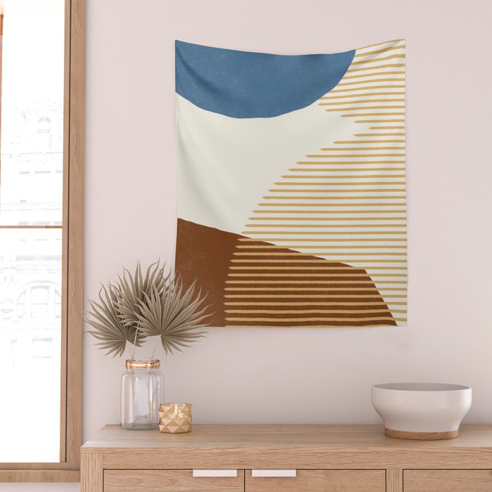 Lines Color Shapes - Blue Gold Brown  Wall Tapestry Gallery Image 2