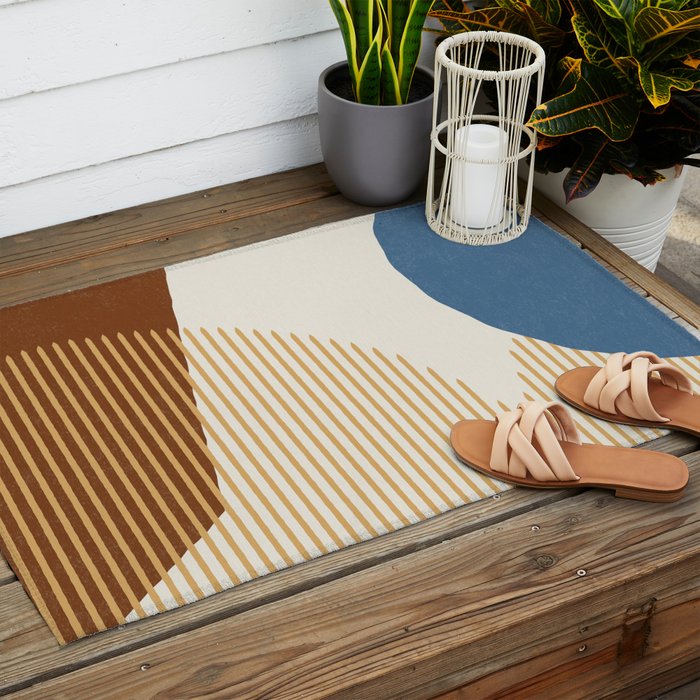 Lines Color Shapes - Blue Gold Brown  Outdoor Rug Gallery Image 2