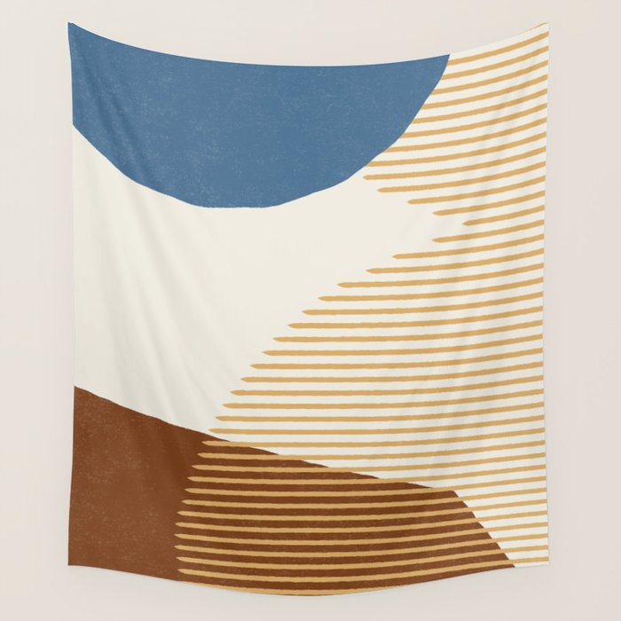 Lines Color Shapes - Blue Gold Brown  Wall Tapestry Gallery Image 1
