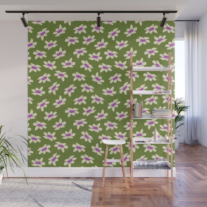 Olive and Purple - Retro Daisies  Wall Mural Gallery Image 1