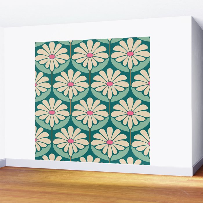 Flower Power - Teal, Pink and Off-white Wall Mural Gallery Image 2