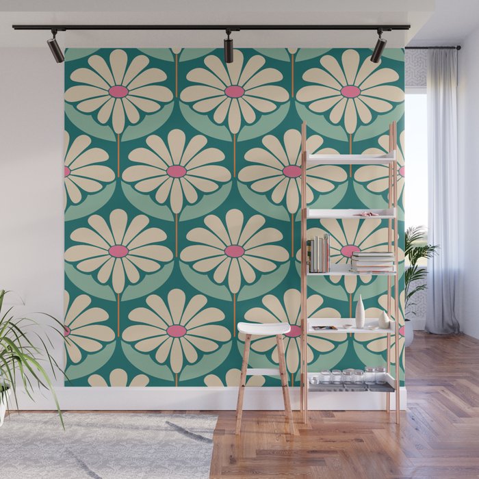 Flower Power - Teal, Pink and Off-white Wall Mural Gallery Image 1