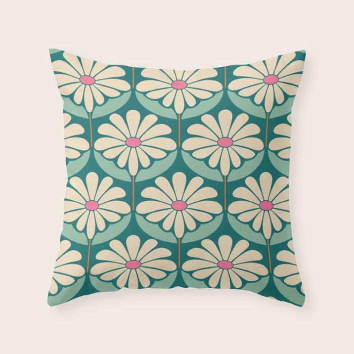 Flower Power - Teal, Pink and Off-white Throw Pillow Gallery Image 1