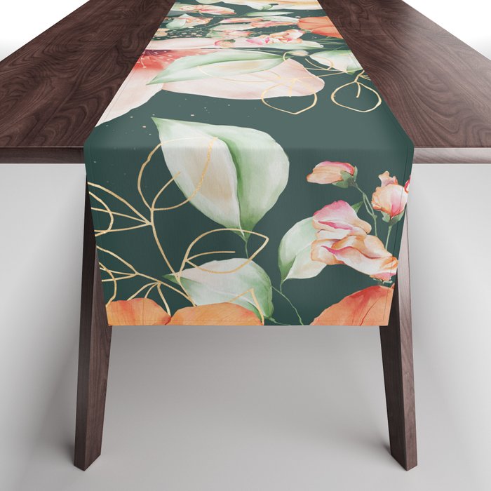 Peach Florals with Painted Speckles on Dark Green Table Runner Gallery Image 1