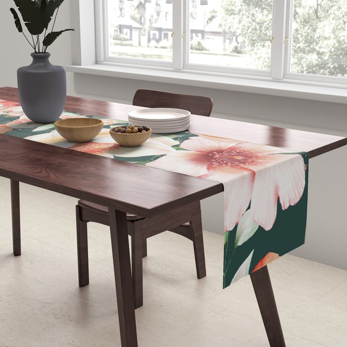 Peach Florals with Painted Speckles on Dark Green Table Runner Gallery Image 2