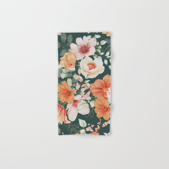 Peach Florals with Painted Speckles on Dark Green Bath Towel Gallery Image 1