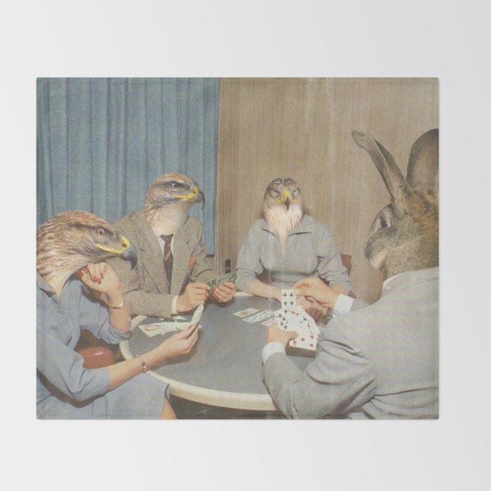 Too Late Mr. Hudson - Birds of prey playing poker with a rabbit in a casino Throw Blanket Gallery Image 2