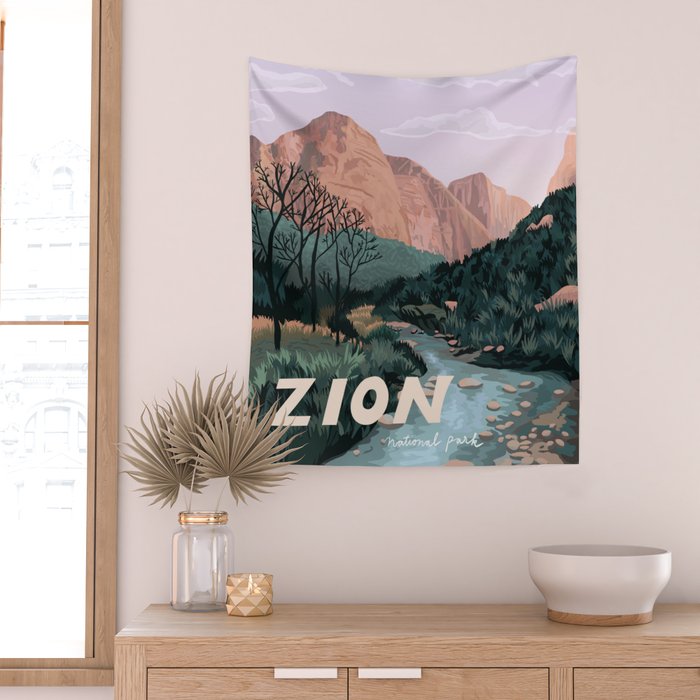Zion National Park, Utah, USA Illustrated National Parks Wall Tapestry Gallery Image 2