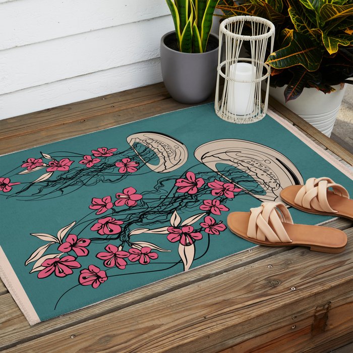 Floral Jellyfishes 1 Outdoor Rug Gallery Image 2