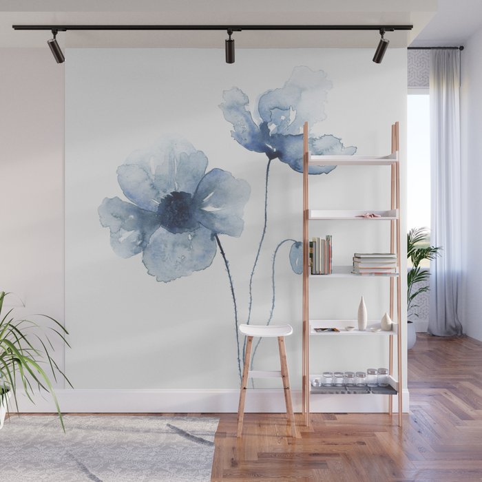 Blue Watercolor Poppies Wall Mural Gallery Image 1