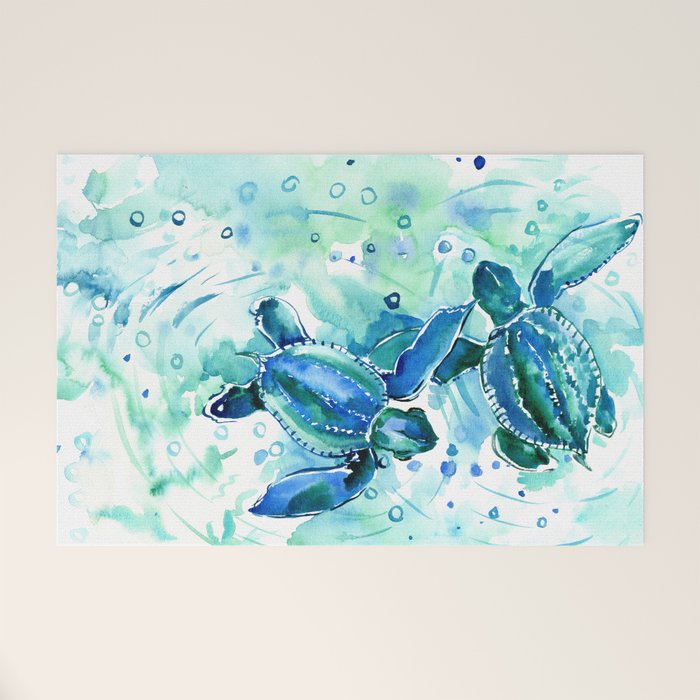 Turquoise Blue Sea Turtles in Ocean Welcome Mat