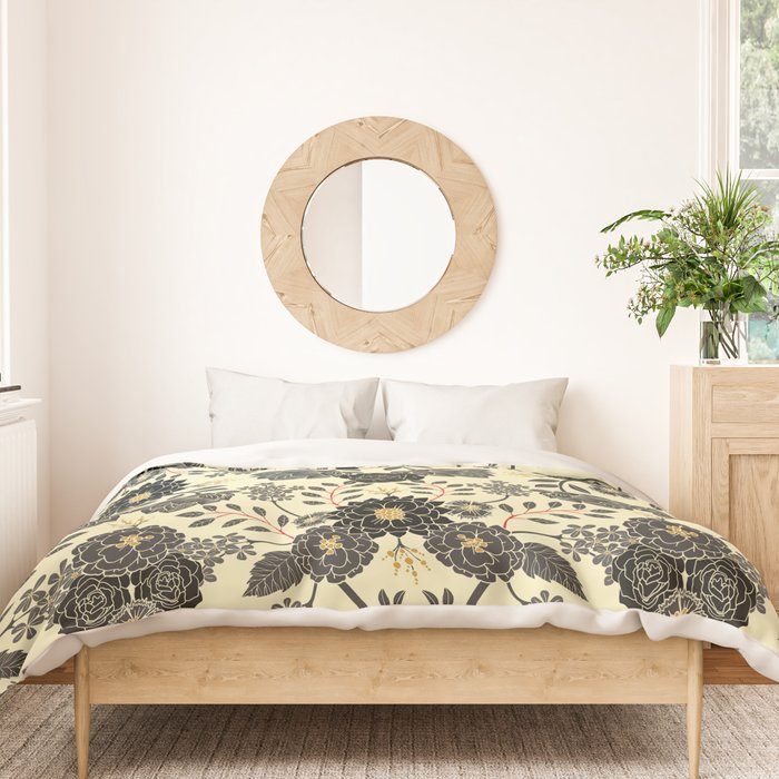 Gray, Black, Cream, Yellow & Red Sophisticated Floral Pattern Duvet Cover Gallery Image 3