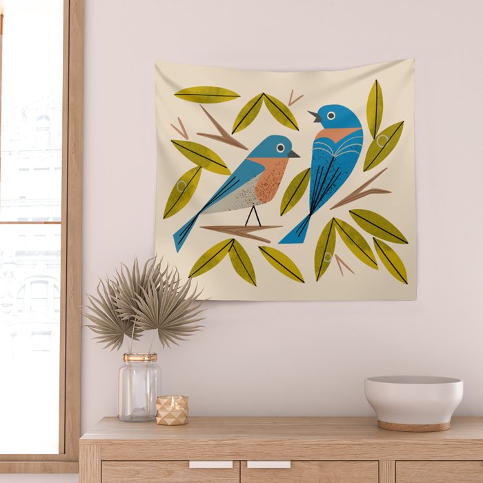 Midcentury Bluebird Pair Wall Tapestry Gallery Image 2