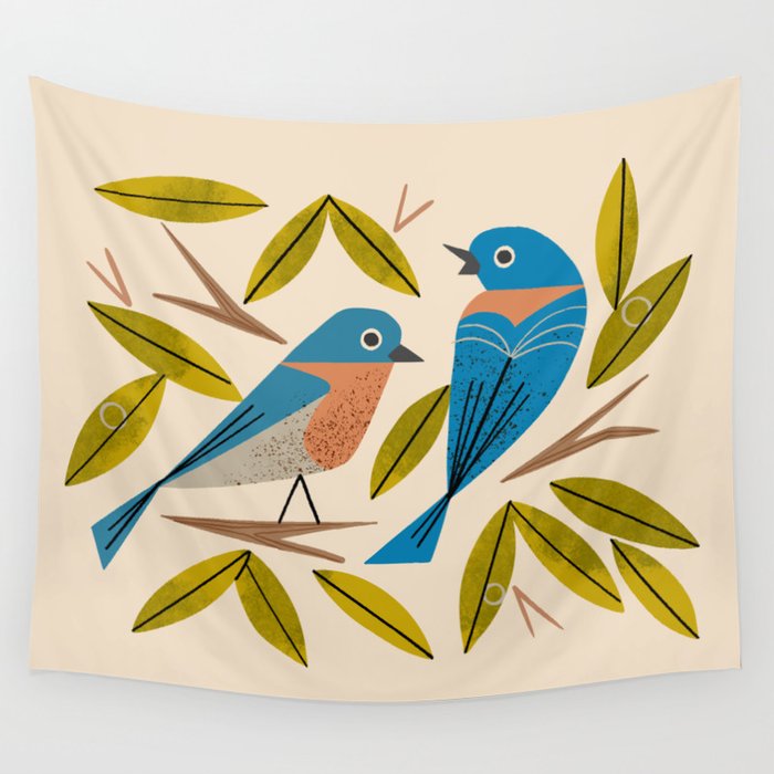 Midcentury Bluebird Pair Wall Tapestry Gallery Image 4