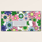 Retro Garden Flowers 60s 70s Floral Pattern Pink Blue Green White Desk Mat Gallery Image 1