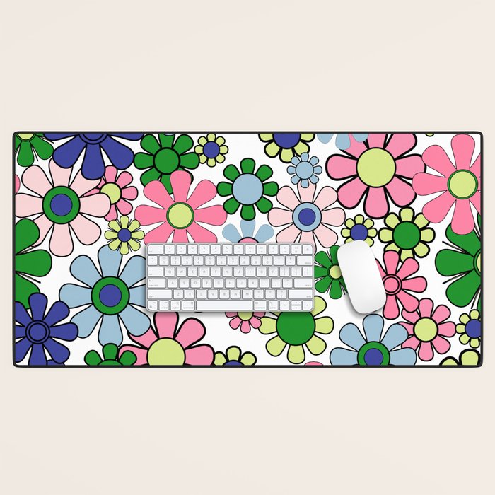 Retro Garden Flowers 60s 70s Floral Pattern Pink Blue Green White Desk Mat Gallery Image 1