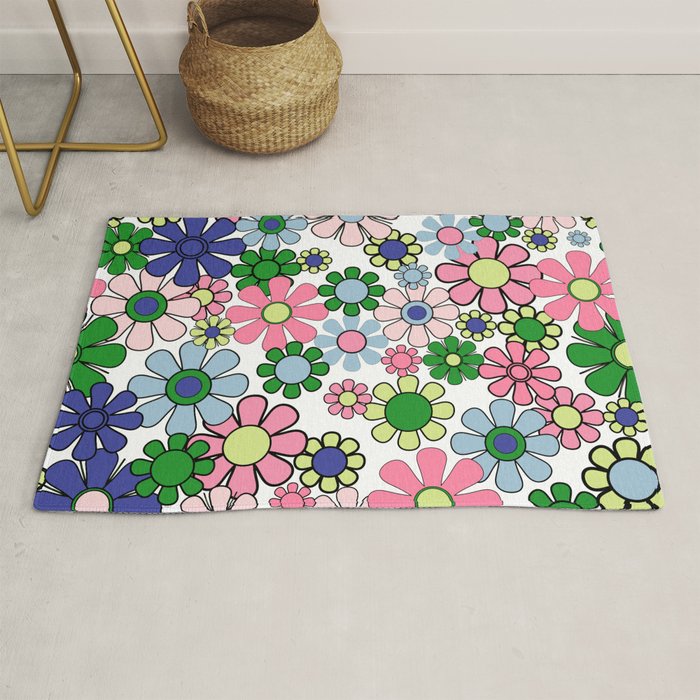 Retro Garden Flowers 60s 70s Floral Pattern Pink Blue Green White Rug Gallery Image 1