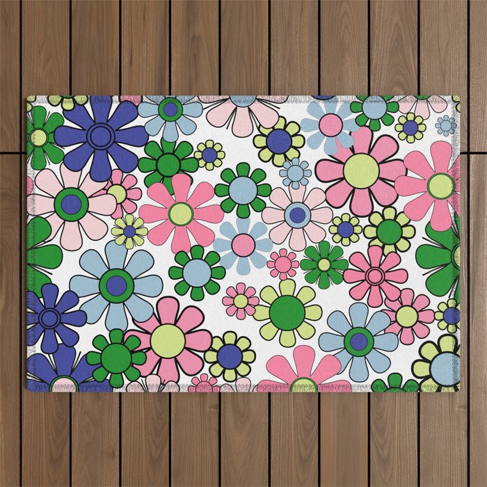 Retro Garden Flowers 60s 70s Floral Pattern Pink Blue Green White Outdoor Rug Gallery Image 1