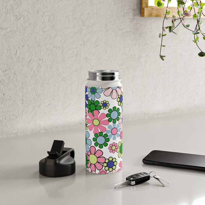 Retro Garden Flowers 60s 70s Floral Pattern Pink Blue Green White Water Bottle Gallery Image 4