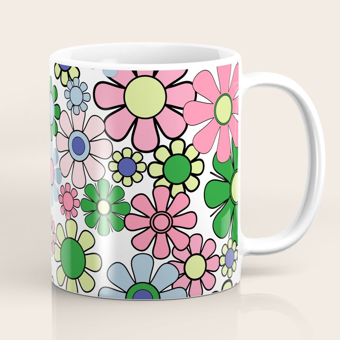 Retro Garden Flowers 60s 70s Floral Pattern Pink Blue Green White Coffee Mug Gallery Image 1