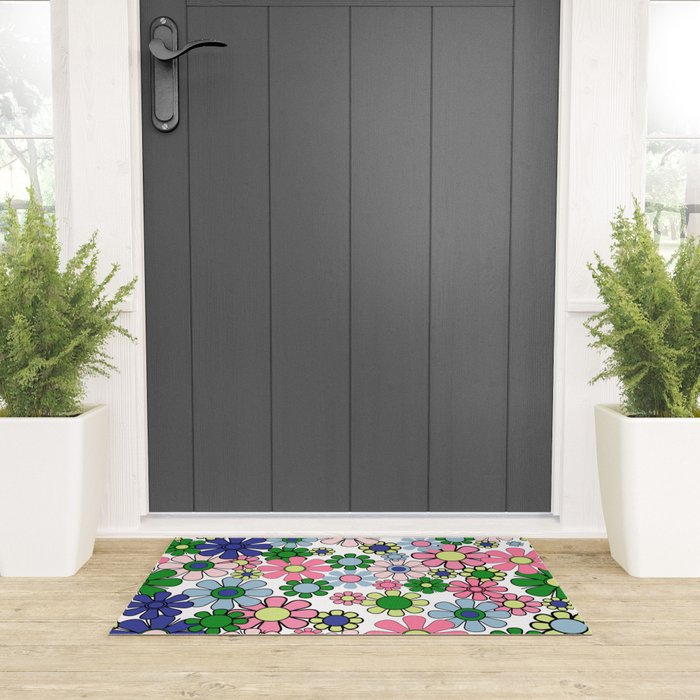 Retro Garden Flowers 60s 70s Floral Pattern Pink Blue Green White Welcome Mat Gallery Image 3
