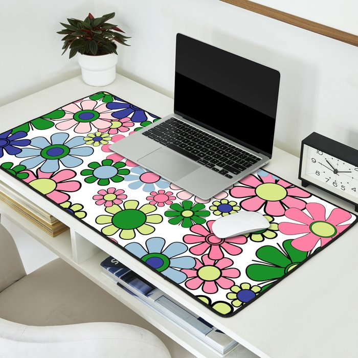 Retro Garden Flowers 60s 70s Floral Pattern Pink Blue Green White Desk Mat Gallery Image 2