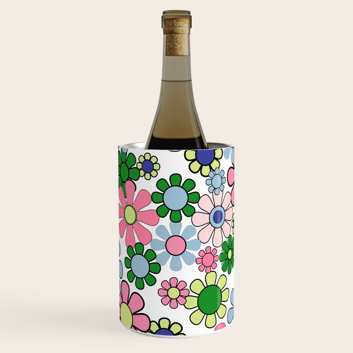 Retro Garden Flowers 60s 70s Floral Pattern Pink Blue Green White Wine Chiller Gallery Image 1