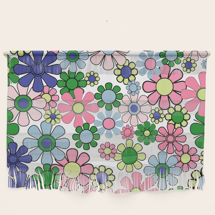 Retro Garden Flowers 60s 70s Floral Pattern Pink Blue Green White Wall Hanging Gallery Image 1