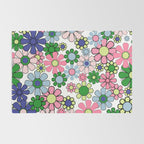 Retro Garden Flowers 60s 70s Floral Pattern Pink Blue Green White Rug Gallery Image 2