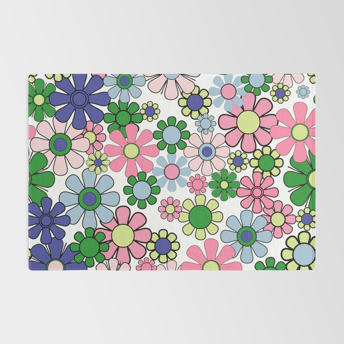 Retro Garden Flowers 60s 70s Floral Pattern Pink Blue Green White Rug Gallery Image 2
