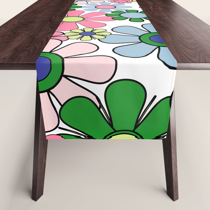 Retro Garden Flowers 60s 70s Floral Pattern Pink Blue Green White Table Runner Gallery Image 1