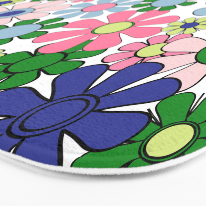 Retro Garden Flowers 60s 70s Floral Pattern Pink Blue Green White Bath Mat Gallery Image 3