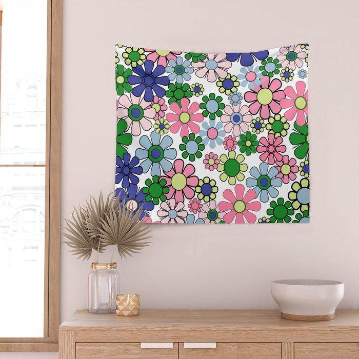 Retro Garden Flowers 60s 70s Floral Pattern Pink Blue Green White Wall Tapestry Gallery Image 2