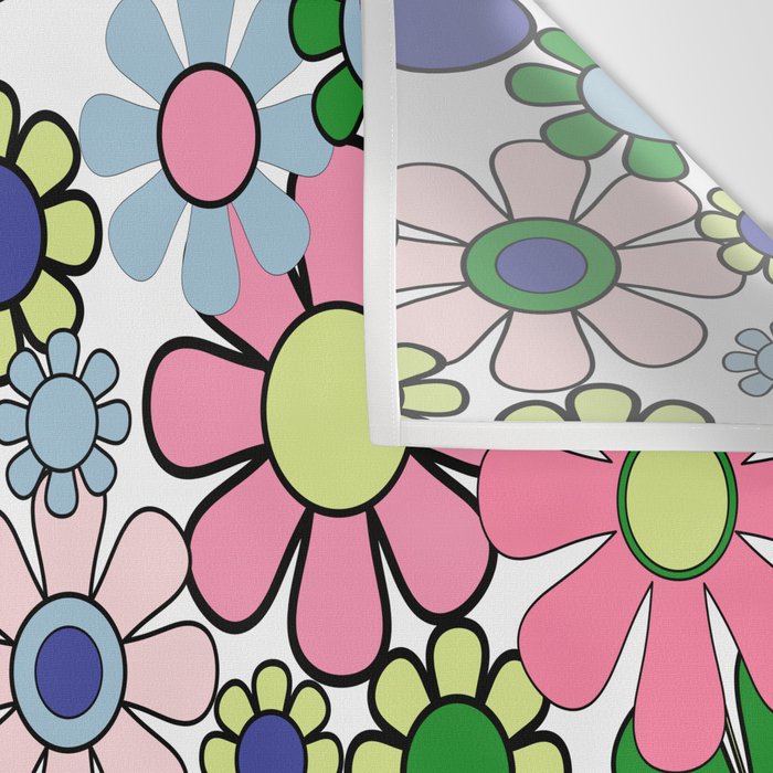 Retro Garden Flowers 60s 70s Floral Pattern Pink Blue Green White Wall Tapestry Gallery Image 3