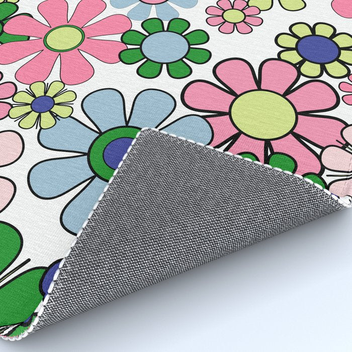 Retro Garden Flowers 60s 70s Floral Pattern Pink Blue Green White Rug Gallery Image 4