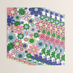 Retro Garden Flowers 60s 70s Floral Pattern Pink Blue Green White Wrapping Paper Gallery Image 3