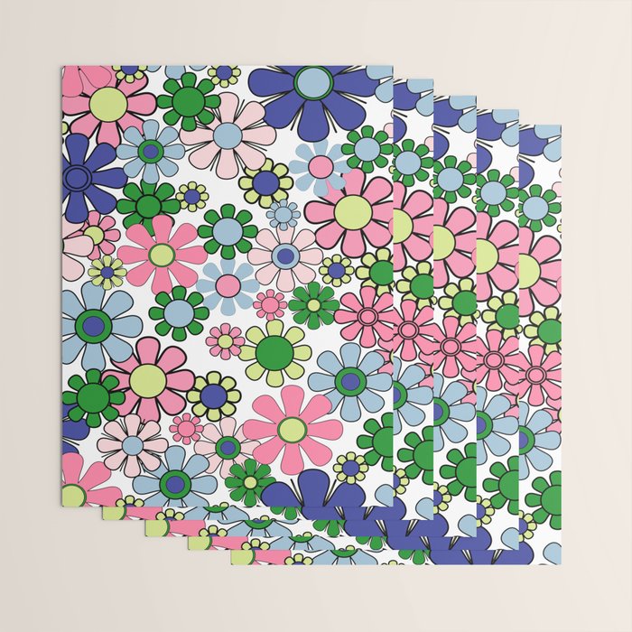 Retro Garden Flowers 60s 70s Floral Pattern Pink Blue Green White Wrapping Paper Gallery Image 3