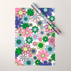 Retro Garden Flowers 60s 70s Floral Pattern Pink Blue Green White Wrapping Paper Gallery Image 1