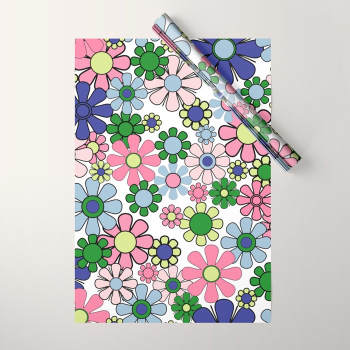 Retro Garden Flowers 60s 70s Floral Pattern Pink Blue Green White Wrapping Paper Gallery Image 1