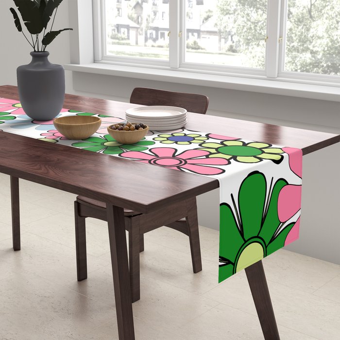 Retro Garden Flowers 60s 70s Floral Pattern Pink Blue Green White Table Runner Gallery Image 2