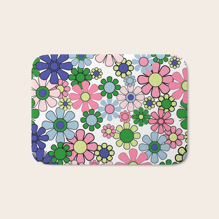 Retro Garden Flowers 60s 70s Floral Pattern Pink Blue Green White Bath Mat Gallery Image 1